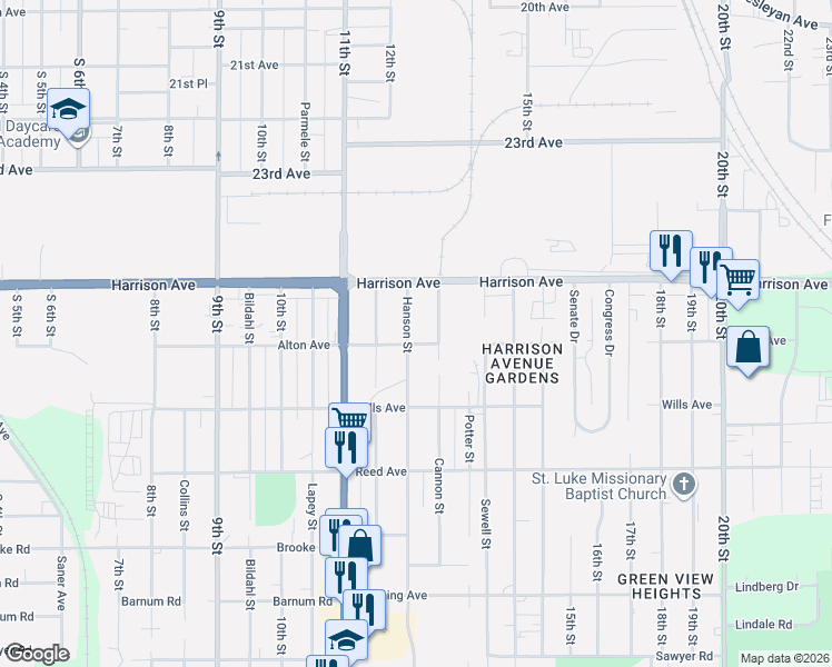 map of restaurants, bars, coffee shops, grocery stores, and more near 2621 Hanson Street in Rockford