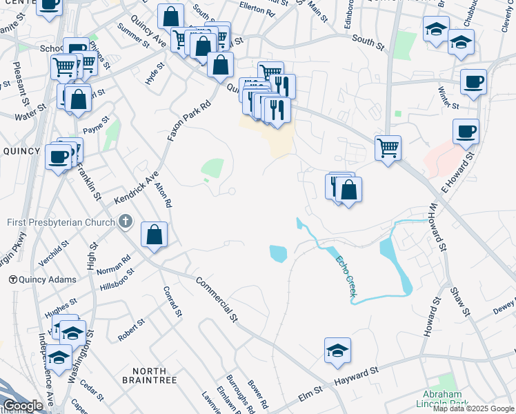 map of restaurants, bars, coffee shops, grocery stores, and more near 2001 Falls Boulevard in Quincy