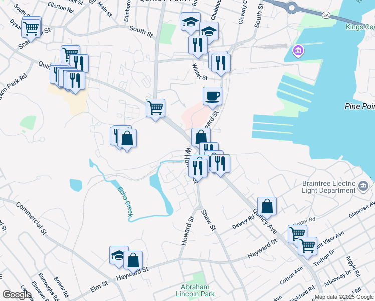 map of restaurants, bars, coffee shops, grocery stores, and more near 4 Bower Road in Quincy