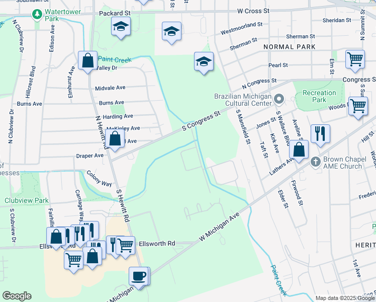 map of restaurants, bars, coffee shops, grocery stores, and more near 120 Stevens Drive in Ypsilanti