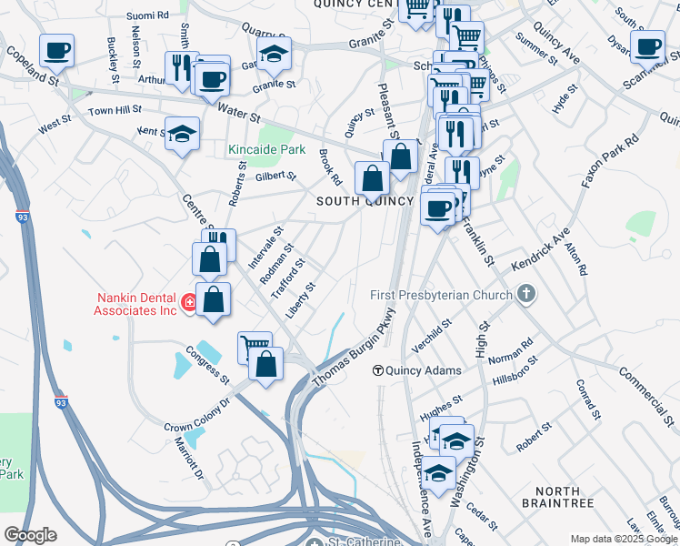 map of restaurants, bars, coffee shops, grocery stores, and more near 25 Columbia Street in Quincy