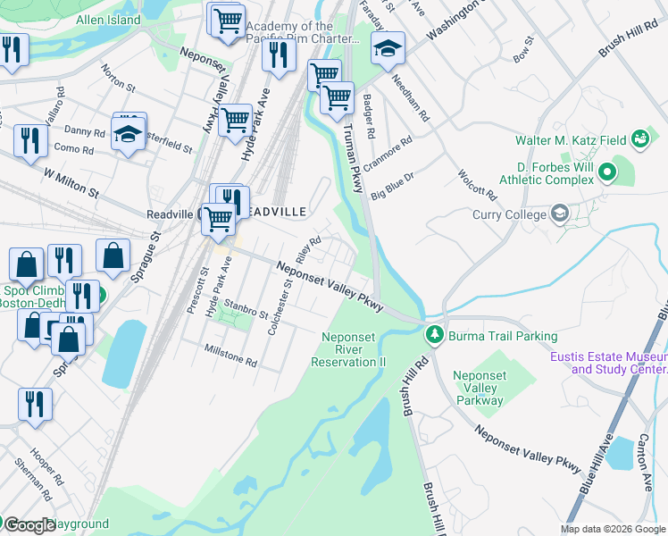 map of restaurants, bars, coffee shops, grocery stores, and more near 75-77 Sierra Road in Boston