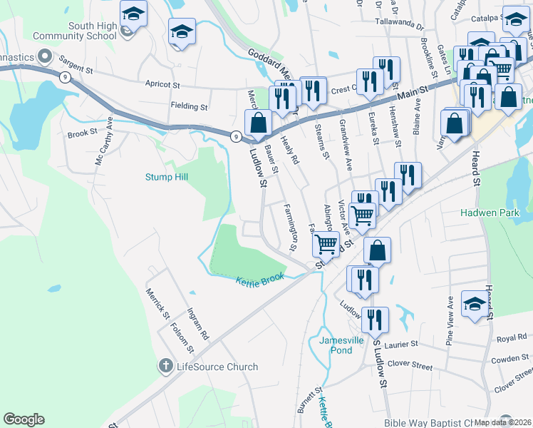 map of restaurants, bars, coffee shops, grocery stores, and more near 20 Ludlow Street in Worcester