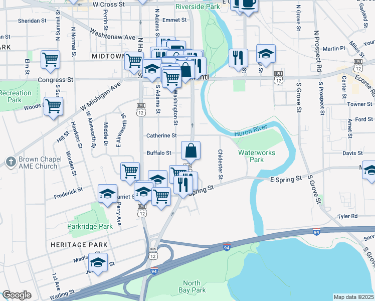 map of restaurants, bars, coffee shops, grocery stores, and more near 305 South Huron Street in Ypsilanti