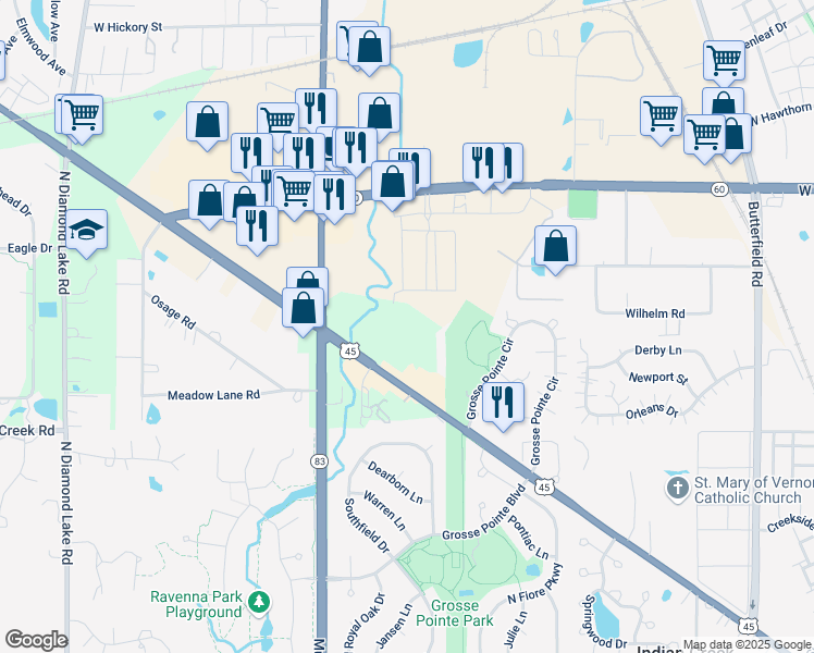 map of restaurants, bars, coffee shops, grocery stores, and more near 800 East U.S. Highway 45 in Mundelein