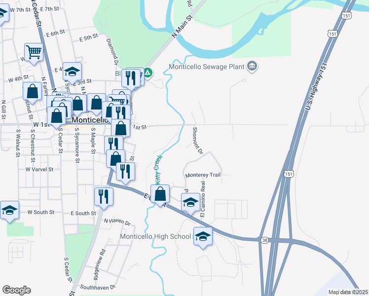 map of restaurants, bars, coffee shops, grocery stores, and more near 116 Shomont Drive in Monticello
