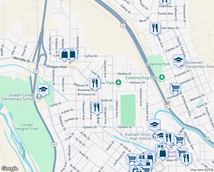 map of restaurants, bars, coffee shops, grocery stores, and more near 1804 Sargent Avenue in Klamath Falls