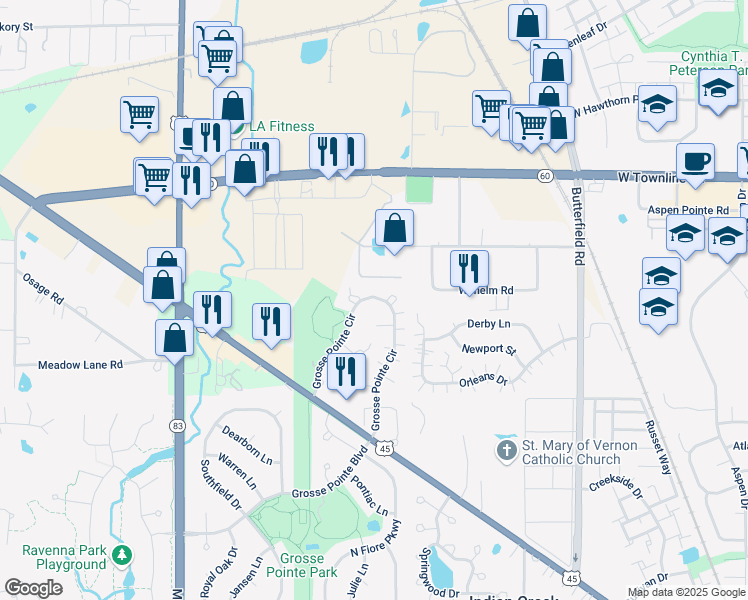 map of restaurants, bars, coffee shops, grocery stores, and more near 632 Grosse Pointe Circle in Vernon Hills
