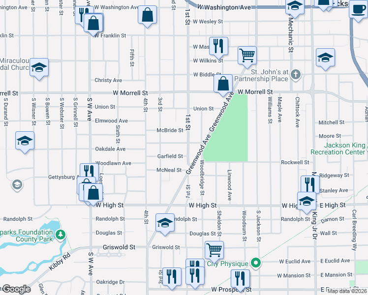 map of restaurants, bars, coffee shops, grocery stores, and more near 410 Harwood Street in Jackson