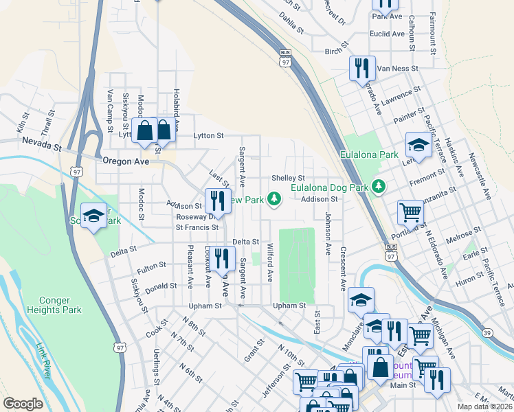 map of restaurants, bars, coffee shops, grocery stores, and more near 1734 Worden Avenue in Klamath Falls