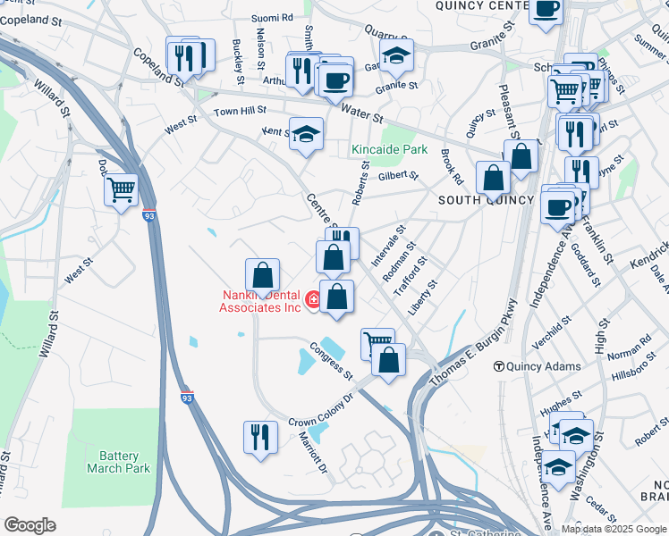 map of restaurants, bars, coffee shops, grocery stores, and more near 263 Centre Street in Quincy