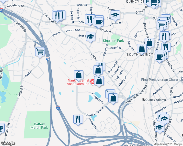 map of restaurants, bars, coffee shops, grocery stores, and more near 30 Albertina Street in Quincy