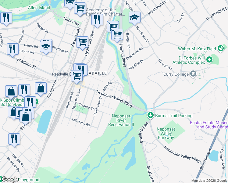 map of restaurants, bars, coffee shops, grocery stores, and more near 75-77 Sierra Road in Boston