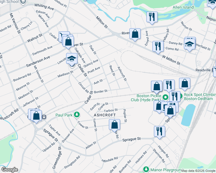 map of restaurants, bars, coffee shops, grocery stores, and more near 137 Dale Street in Dedham