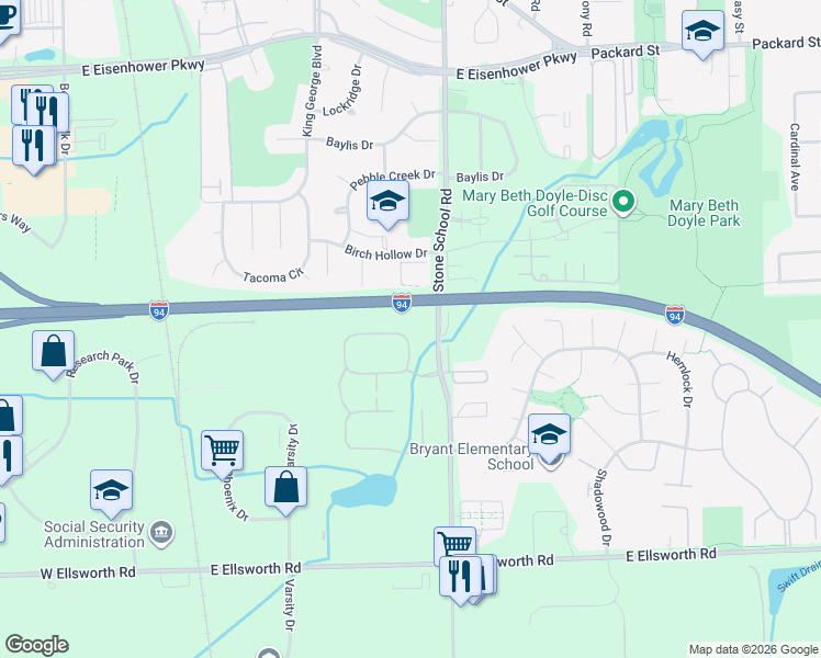 map of restaurants, bars, coffee shops, grocery stores, and more near 3510 Pheasant Run Circle in Ann Arbor