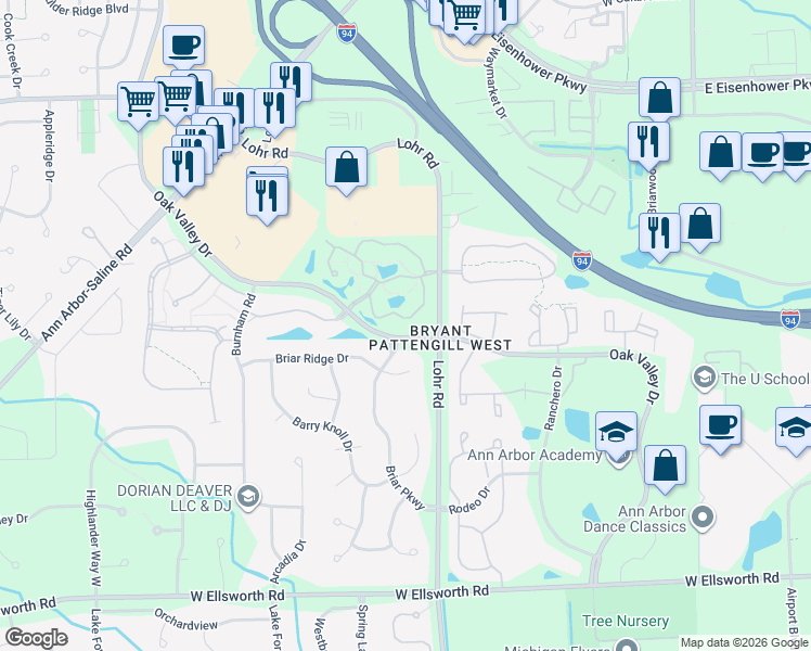 map of restaurants, bars, coffee shops, grocery stores, and more near 1533 Oakfield Drive in Ann Arbor