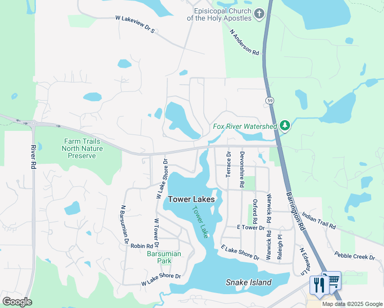 map of restaurants, bars, coffee shops, grocery stores, and more near 25692 Circle Drive in Tower Lakes