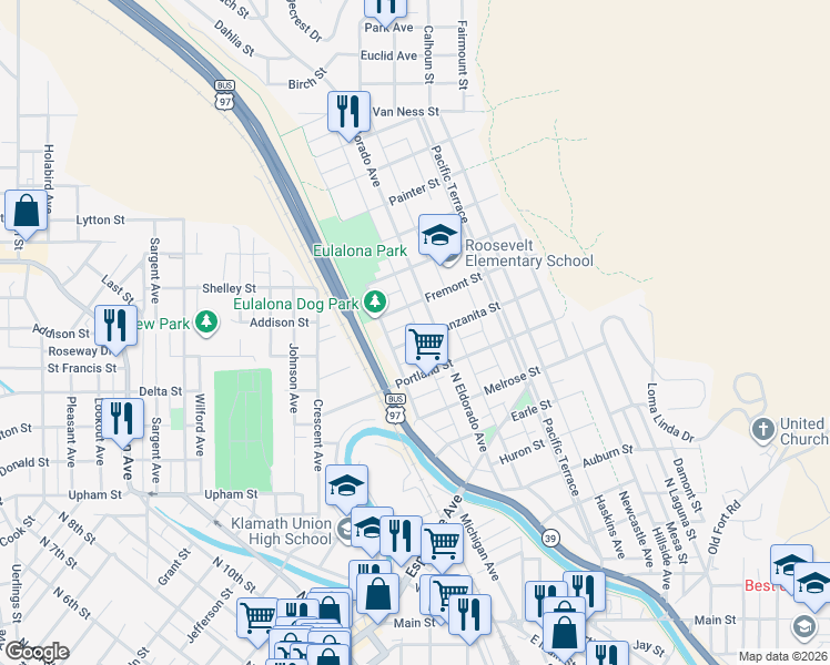 map of restaurants, bars, coffee shops, grocery stores, and more near 1030 North Eldorado Avenue in Klamath Falls