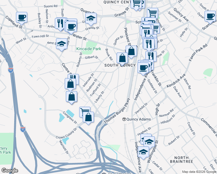 map of restaurants, bars, coffee shops, grocery stores, and more near 60 Taber Street in Quincy