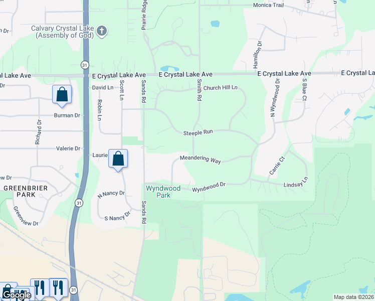 map of restaurants, bars, coffee shops, grocery stores, and more near 4111 Steeple Run in Crystal Lake