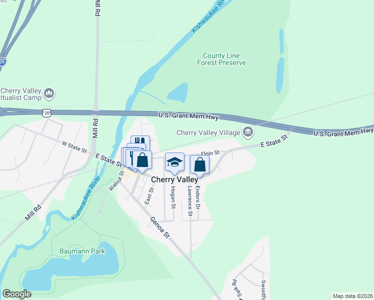 map of restaurants, bars, coffee shops, grocery stores, and more near 614 Elgin Street in Cherry Valley