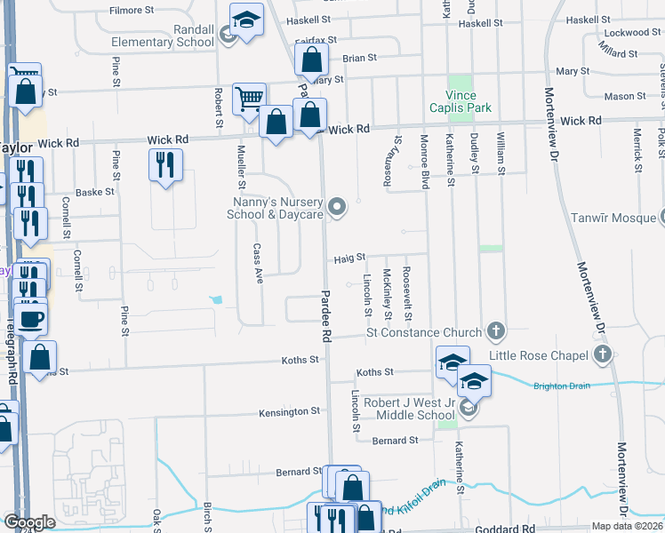 map of restaurants, bars, coffee shops, grocery stores, and more near 9668 Pardee Road in Taylor