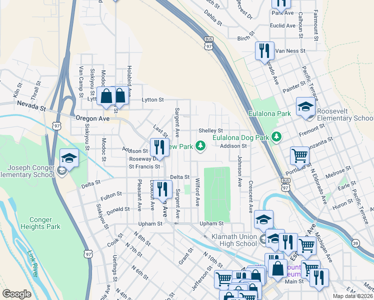 map of restaurants, bars, coffee shops, grocery stores, and more near 1736 Worden Avenue in Klamath Falls