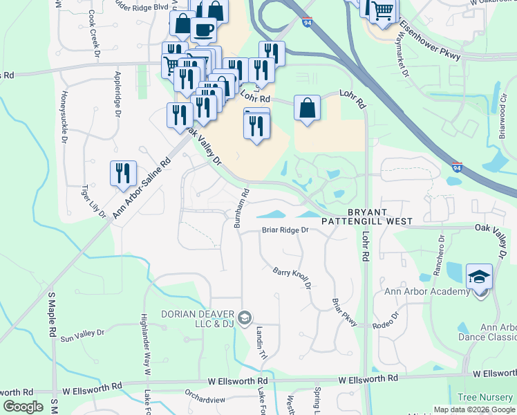 map of restaurants, bars, coffee shops, grocery stores, and more near 1736 Weatherstone Drive in Ann Arbor