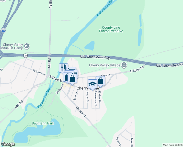 map of restaurants, bars, coffee shops, grocery stores, and more near 614 Elgin Street in Cherry Valley