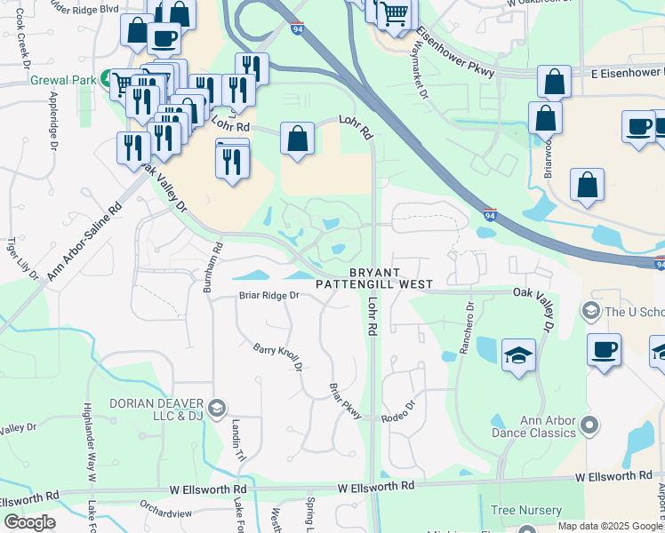 map of restaurants, bars, coffee shops, grocery stores, and more near 1575 Oakfield Drive in Ann Arbor