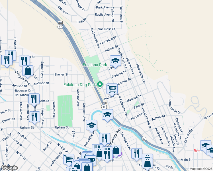 map of restaurants, bars, coffee shops, grocery stores, and more near 1861 Manzanita Street in Klamath Falls