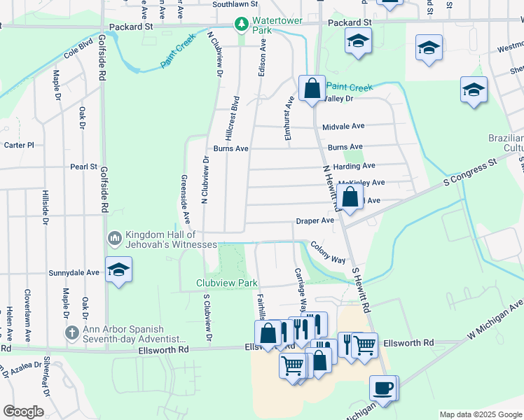 map of restaurants, bars, coffee shops, grocery stores, and more near 2420 Merrill Avenue in Ypsilanti