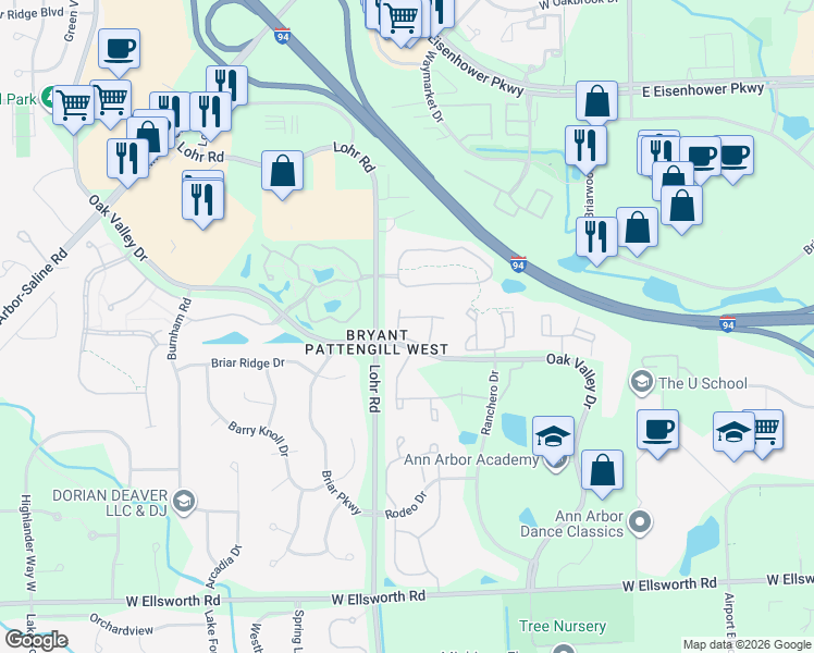 map of restaurants, bars, coffee shops, grocery stores, and more near 1487 Fox Pointe Circle in Ann Arbor