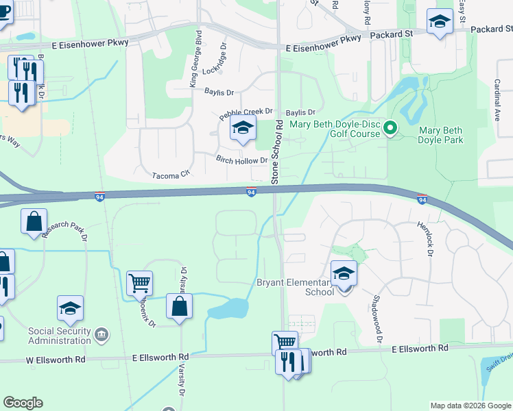 map of restaurants, bars, coffee shops, grocery stores, and more near 3510 Pheasant Run Circle in Ann Arbor