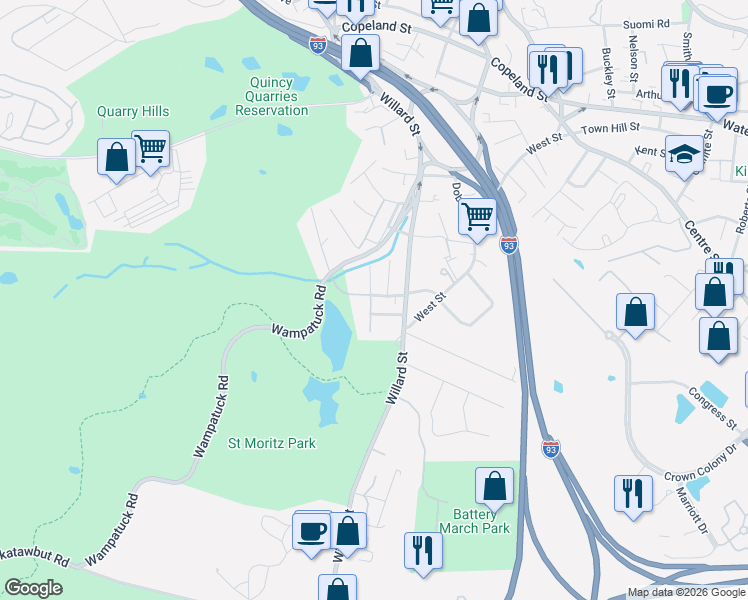 map of restaurants, bars, coffee shops, grocery stores, and more near 124 Bunker Hill Lane in Quincy