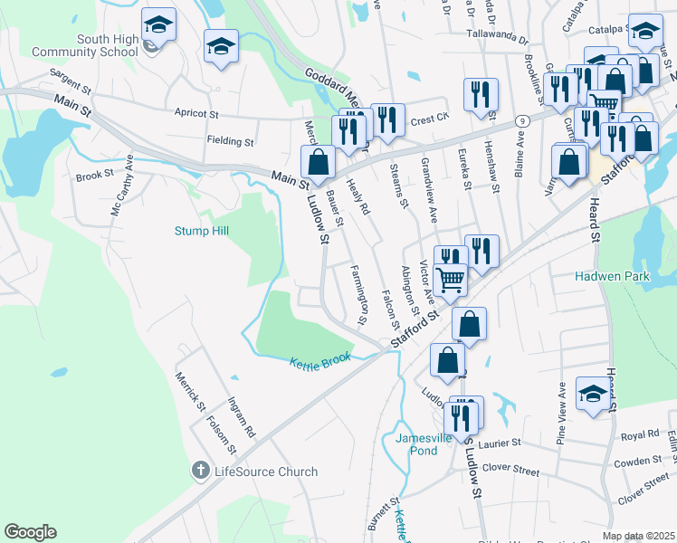 map of restaurants, bars, coffee shops, grocery stores, and more near 20 Ludlow Street in Worcester