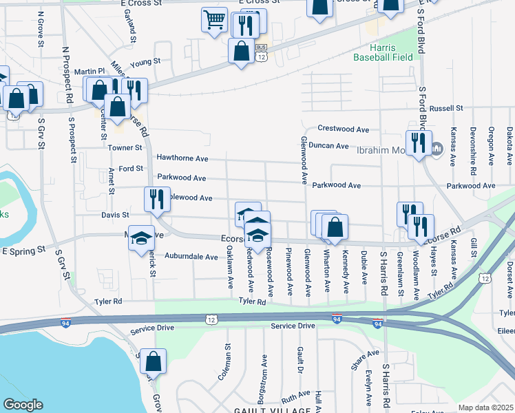 map of restaurants, bars, coffee shops, grocery stores, and more near 1046 Maplewood Avenue in Ypsilanti