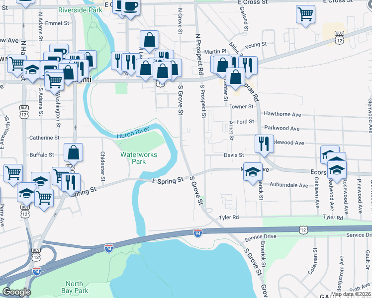 map of restaurants, bars, coffee shops, grocery stores, and more near 159 South Grove Street in Ypsilanti