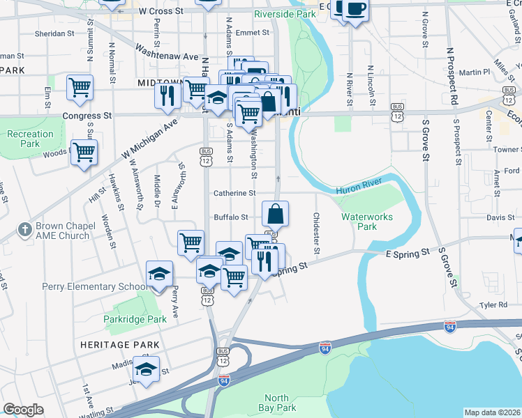 map of restaurants, bars, coffee shops, grocery stores, and more near 305 South Washington Street in Ypsilanti