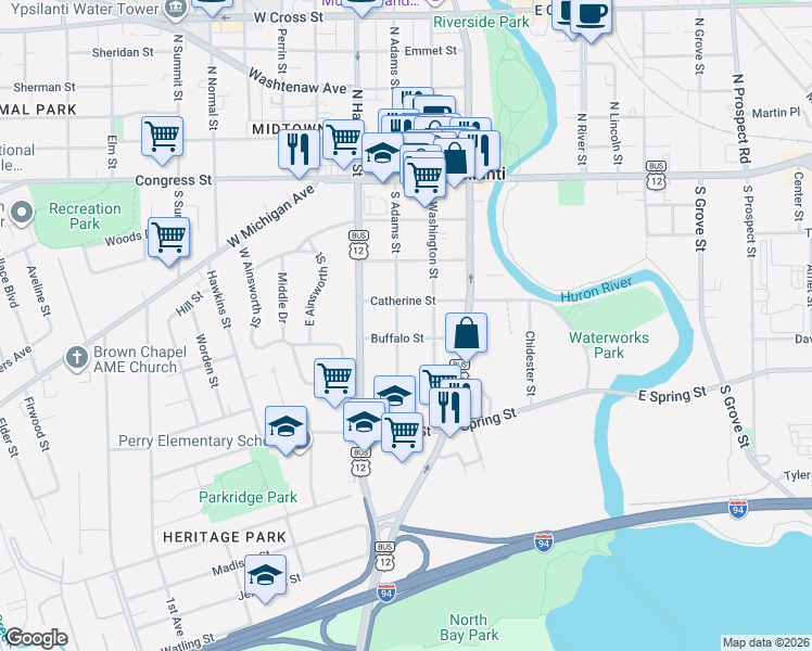 map of restaurants, bars, coffee shops, grocery stores, and more near 310 South Adams Street in Ypsilanti