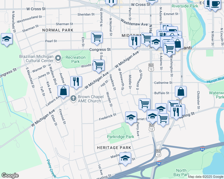 map of restaurants, bars, coffee shops, grocery stores, and more near 321 Worden Street in Ypsilanti