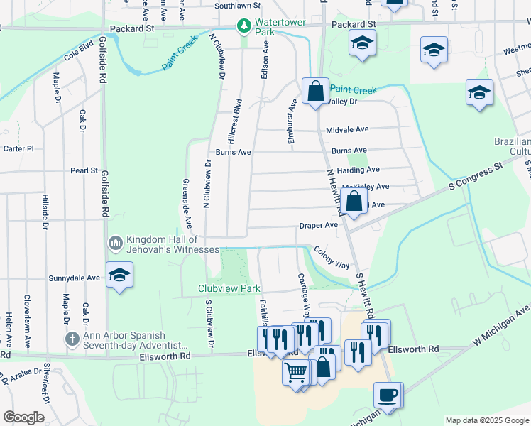 map of restaurants, bars, coffee shops, grocery stores, and more near 2420 Merrill Avenue in Ypsilanti