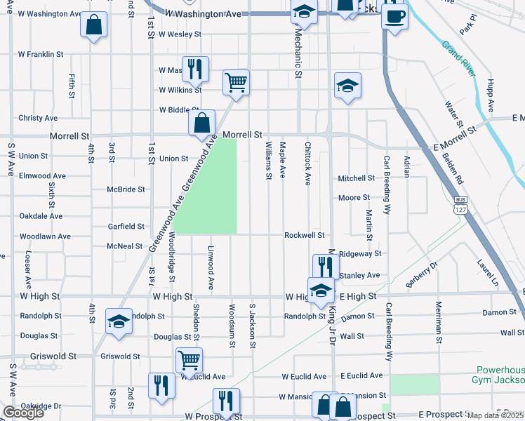 map of restaurants, bars, coffee shops, grocery stores, and more near 1020 Williams Street in Jackson