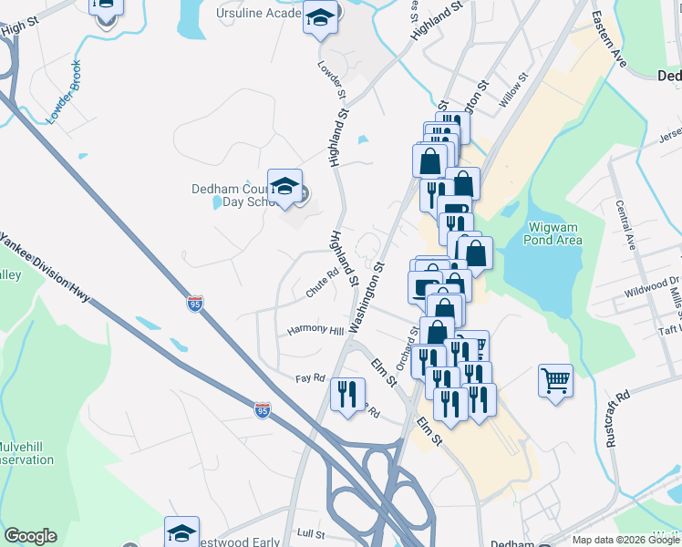 map of restaurants, bars, coffee shops, grocery stores, and more near 339 Highland Street in Dedham