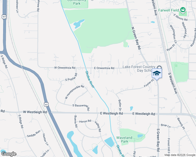 map of restaurants, bars, coffee shops, grocery stores, and more near 1 West Onwentsia Road in Lake Forest