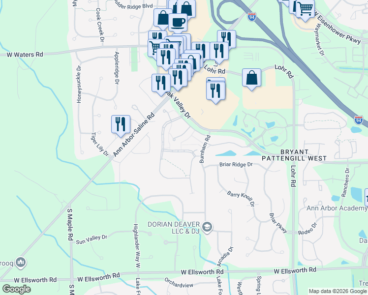map of restaurants, bars, coffee shops, grocery stores, and more near 1998 Bancroft Drive in Ann Arbor