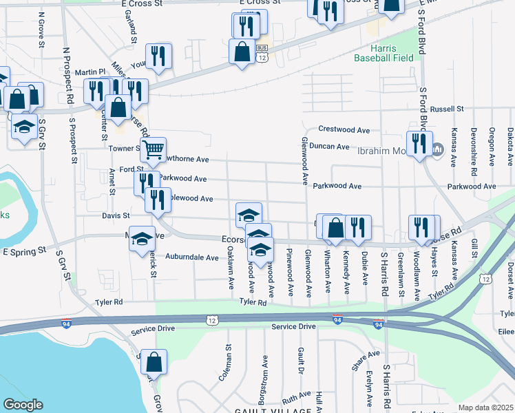 map of restaurants, bars, coffee shops, grocery stores, and more near 1046 Maplewood Avenue in Ypsilanti