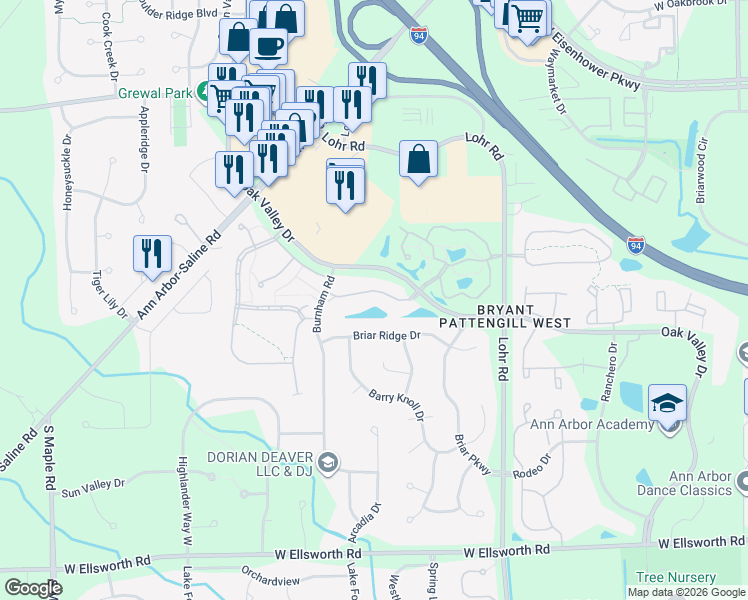 map of restaurants, bars, coffee shops, grocery stores, and more near 1693 Weatherstone Drive in Ann Arbor