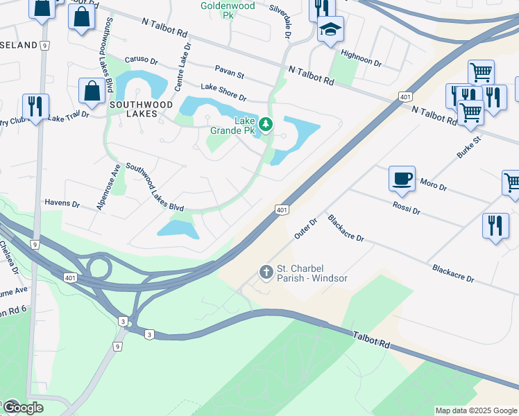 map of restaurants, bars, coffee shops, grocery stores, and more near 1552 Imperial Crescent in Windsor