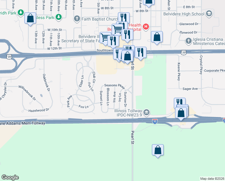 map of restaurants, bars, coffee shops, grocery stores, and more near 497 Seasons Parkway in Belvidere